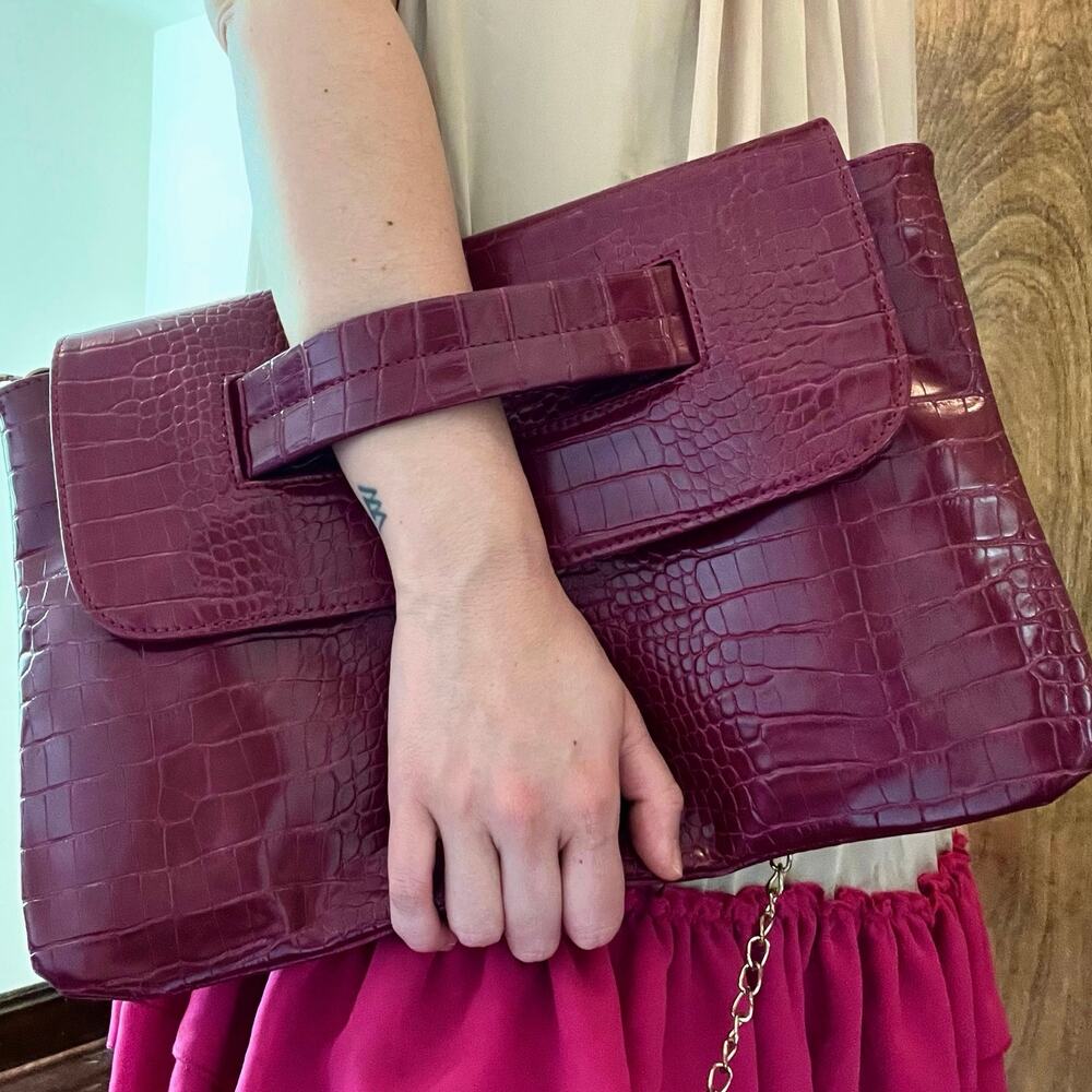 Burgundy Patent Leather Croc Print Portfolio Clutch with Chain Crossbody Strap